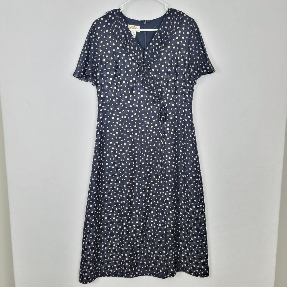 Talbots 100% Silk Polka Dot Knee Length Dress Sz 8 Ruffled Feminine Navy Blue